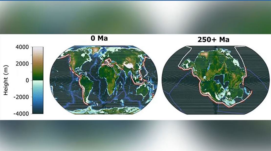 توضح هذه الصورة جغرافيا الكرة الأرضية اليوم، والجغرافيا المتوقعة لها بعد 250 مليون عام، عندما تتقارب جميع القارات لتشكيل قارة واحدة ضخمة.