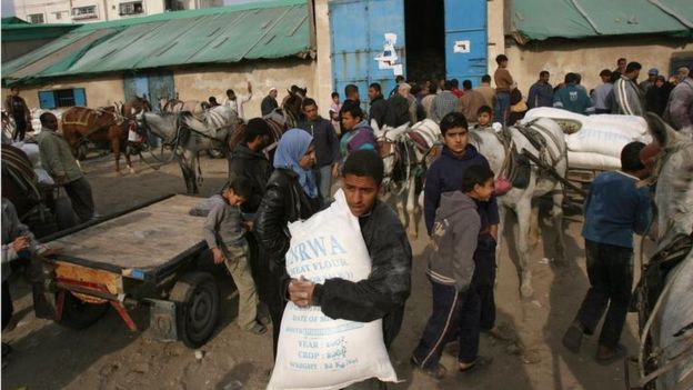 الفلسطينيون أثناء حصولهم على المساعدات الغذائية من الأونروا في مدينة غزة