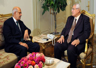 الدكتور محمد البرادعي نائب رئيس الجمهورية للعلاقات الدولية والمستشار عادلي منصور رئيس الجمهورية المؤقت في لقاء سابق