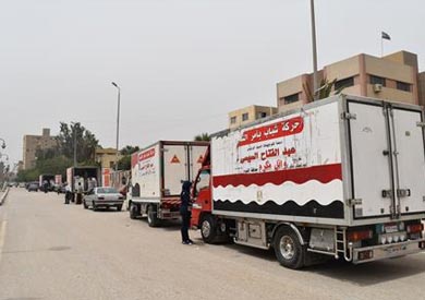 احد السيارات المحملة بالمواد الغذائية االمدعمة التى وصلت محافظة الفيوم